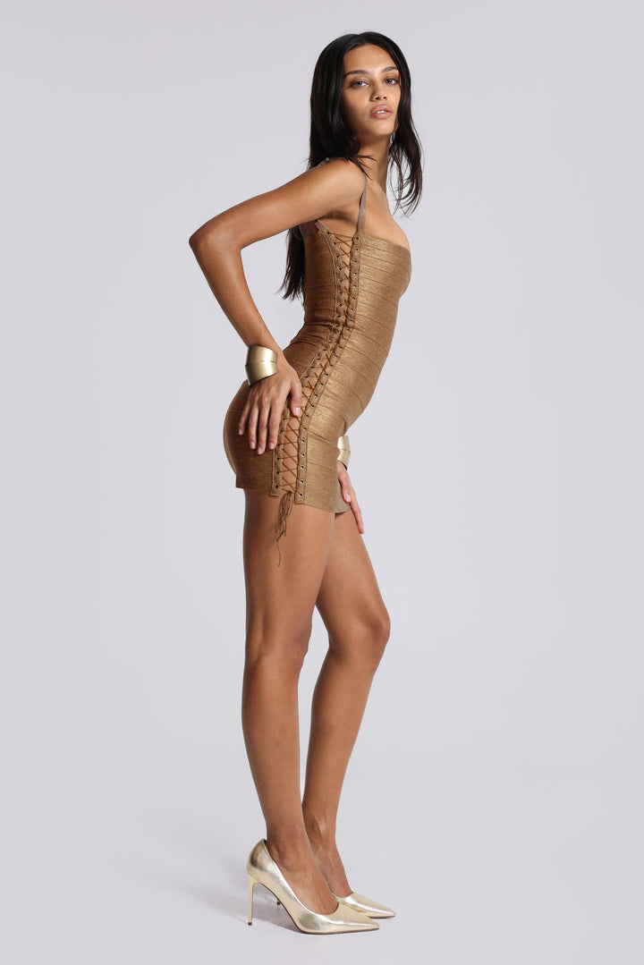 Valantomode | Stylish Bronze Bandage Mini Dress for Night Out