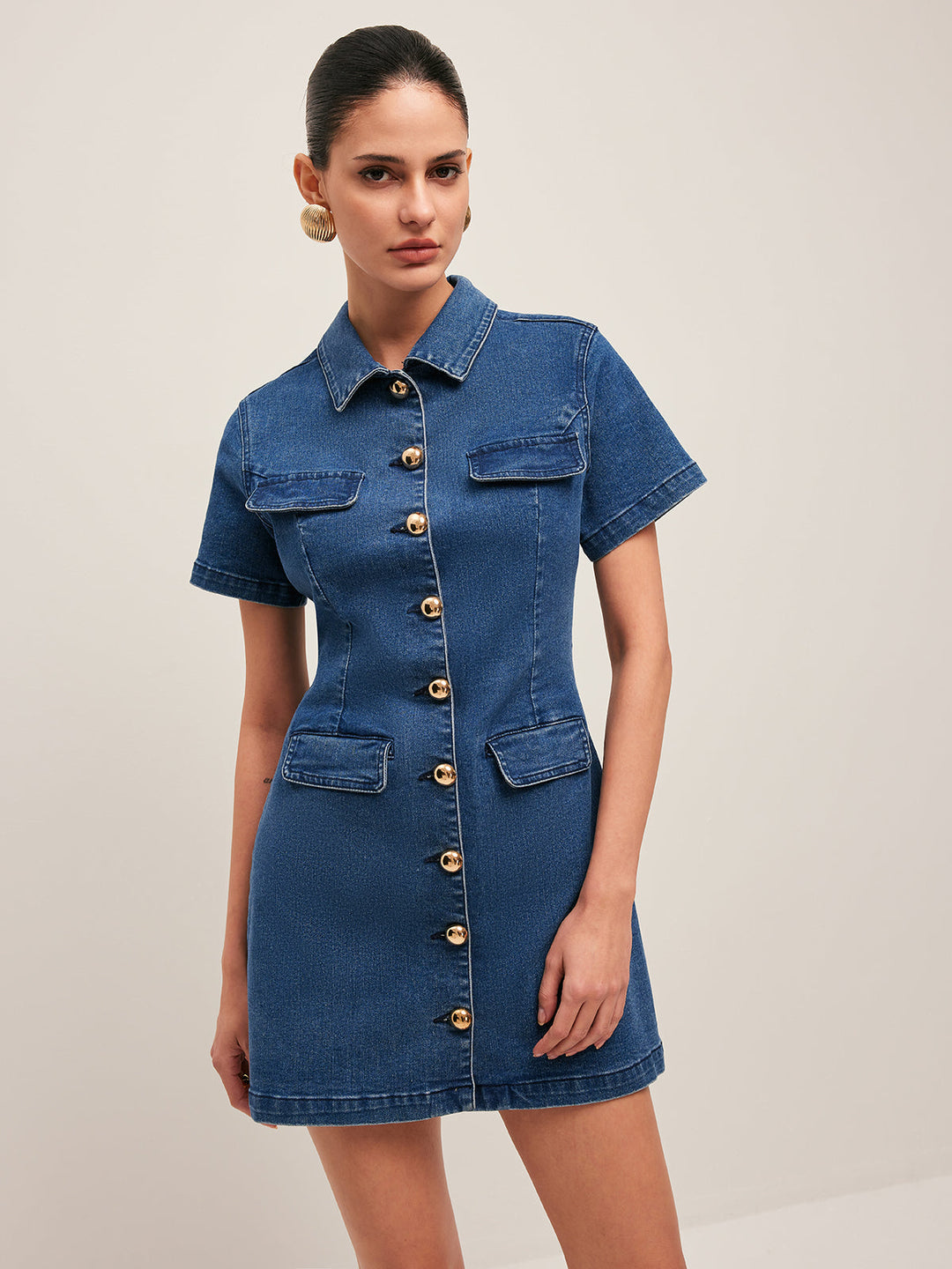 Valantomode | Stylish Denim Mini Dress for Women with Short Sleeves