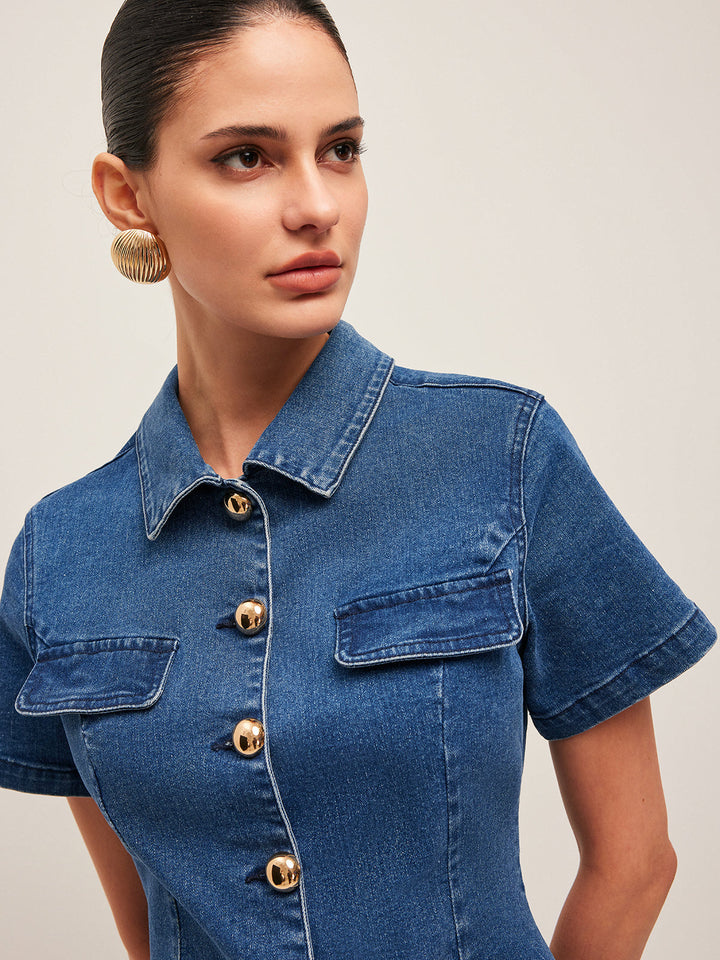 Valantomode | Stylish Denim Mini Dress for Women with Short Sleeves