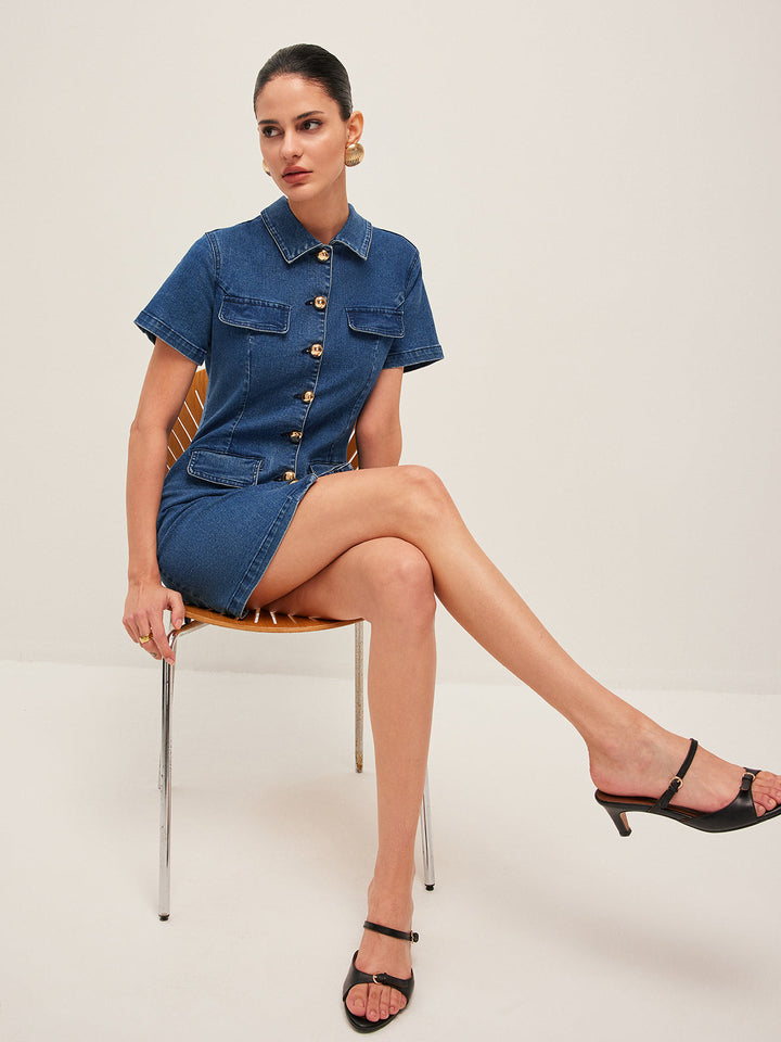 Valantomode | Stylish Denim Mini Dress for Women with Short Sleeves