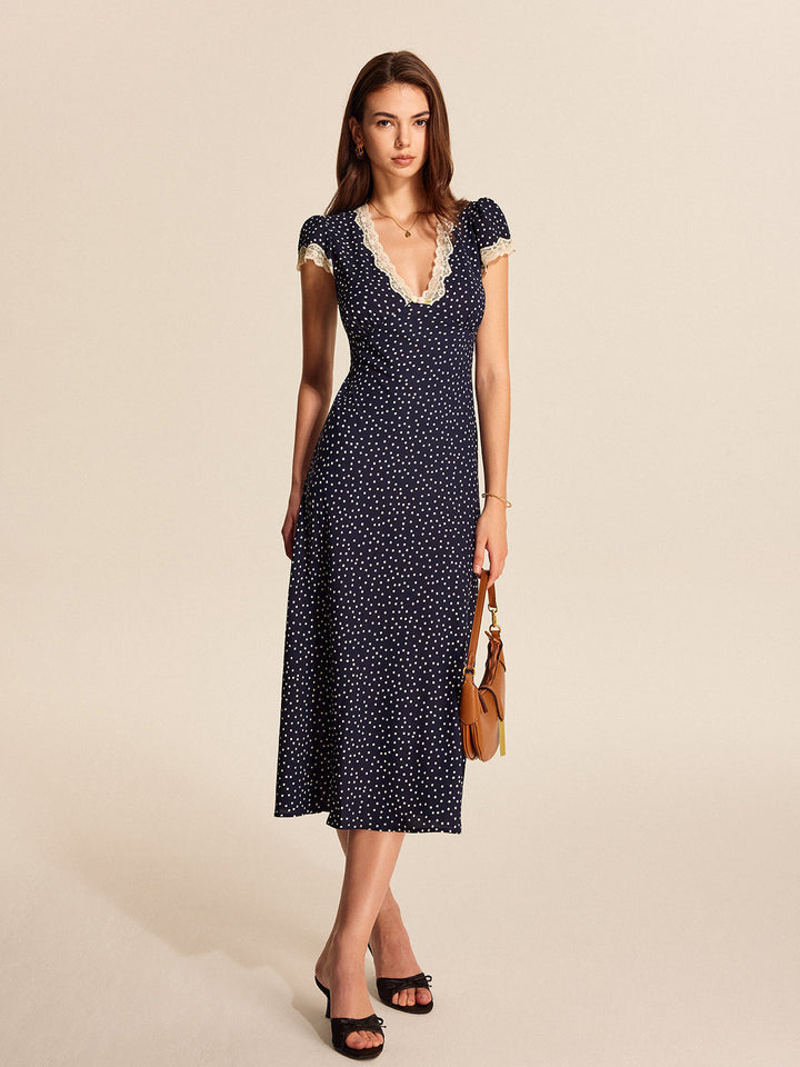 Valantomode | Chic Polkadot Lace Midi Dress for Effortless Elegance