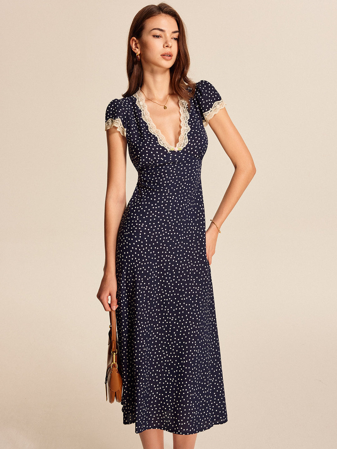 Valantomode | Chic Polkadot Lace Midi Dress for Effortless Elegance
