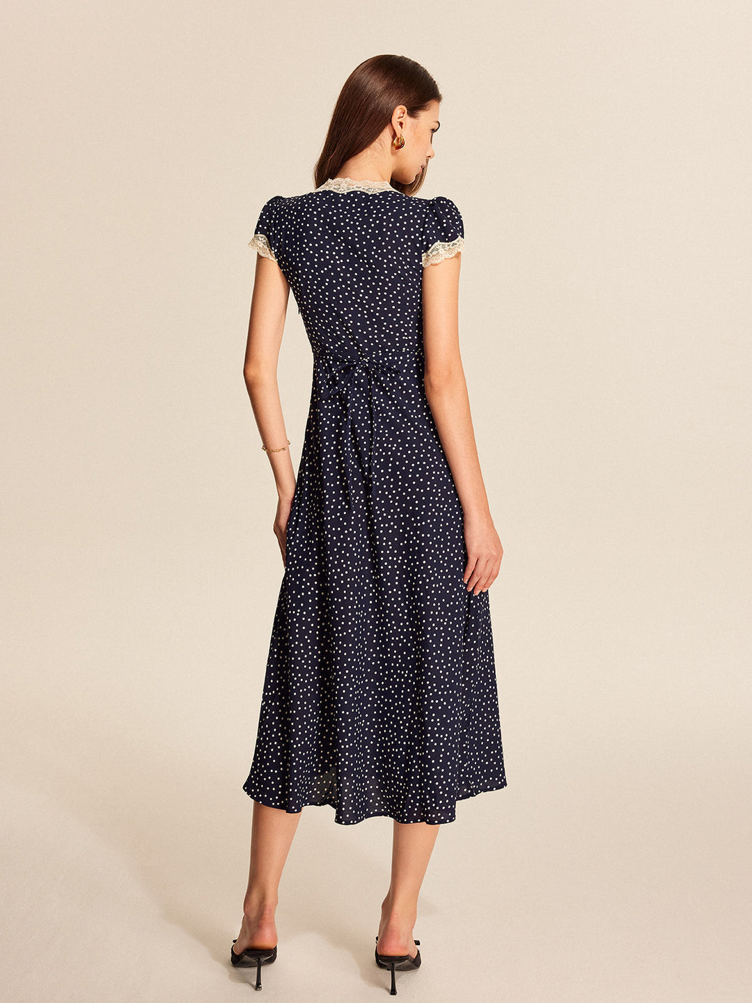 Valantomode | Chic Polkadot Lace Midi Dress for Effortless Elegance