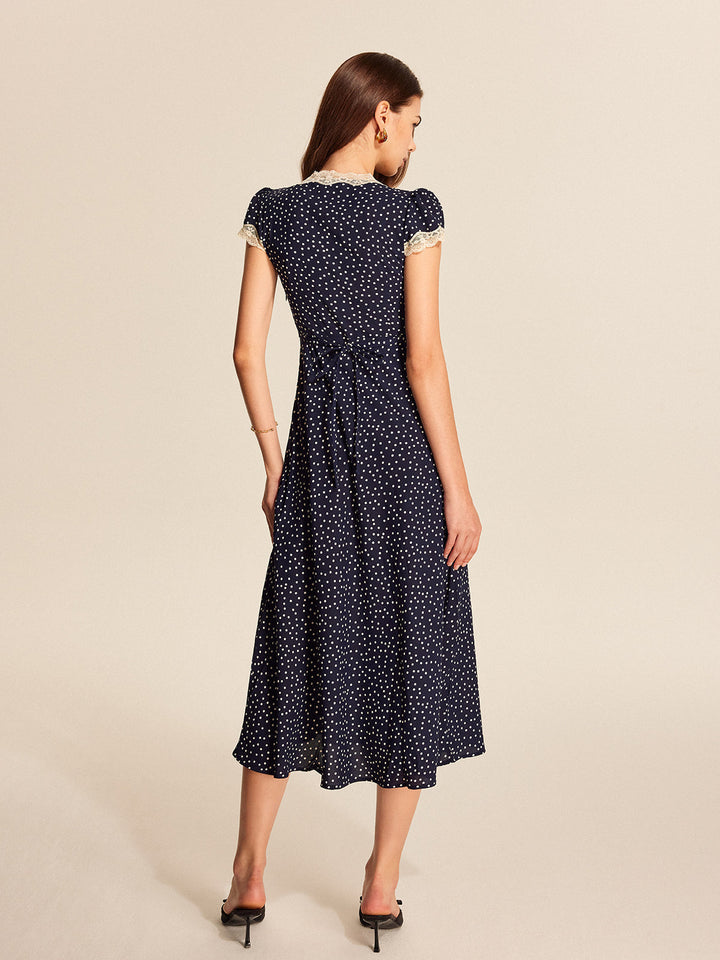 Valantomode | Chic Polkadot Lace Midi Dress for Effortless Elegance