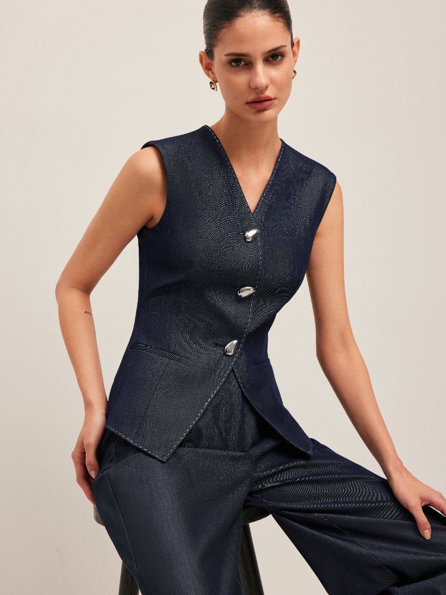 Valantomode | Stylish Tailored Denim Gilet with Unique Contrast Stitching