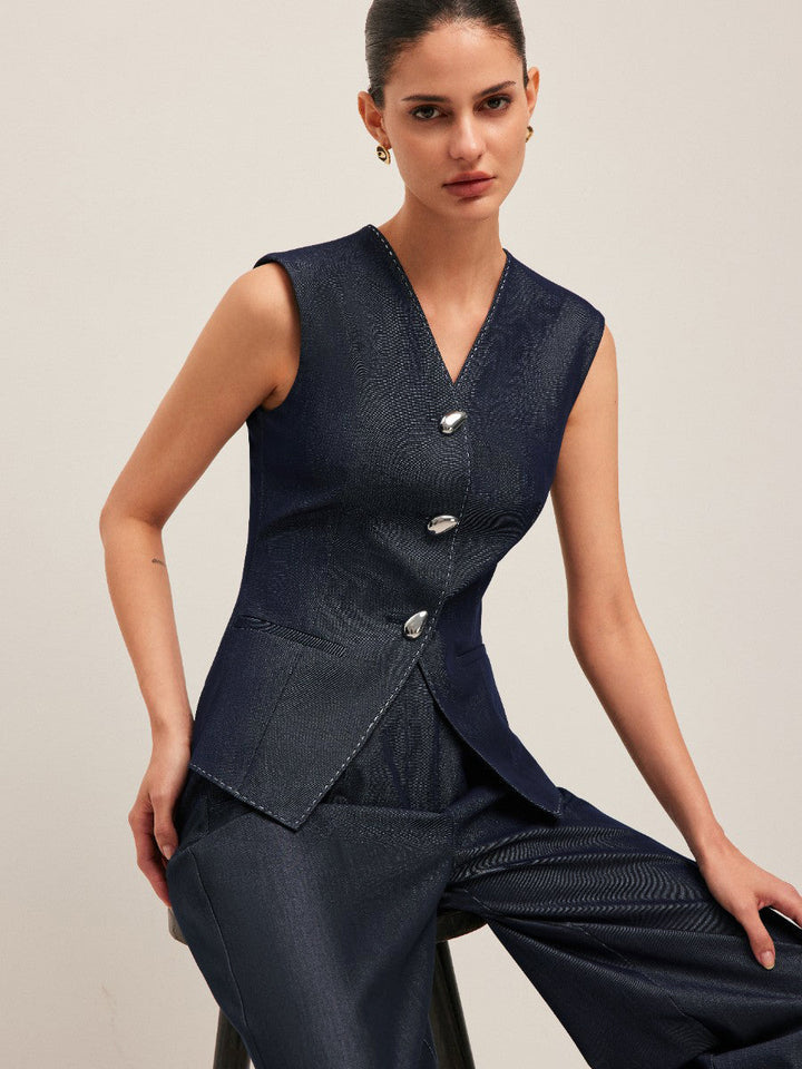 Valantomode | Stylish Tailored Denim Gilet with Unique Contrast Stitching