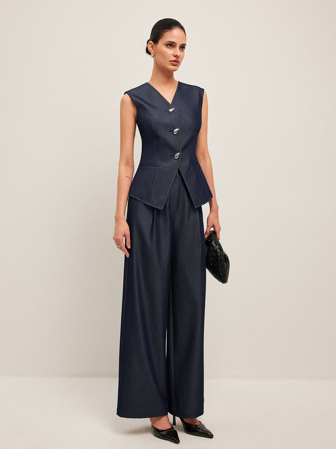 Valantomode | Stylish Tailored Denim Gilet with Unique Contrast Stitching