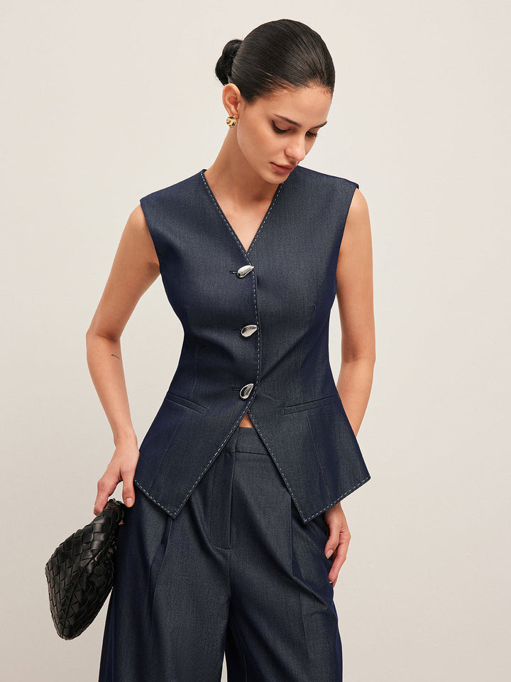 Valantomode | Stylish Tailored Denim Gilet with Unique Contrast Stitching