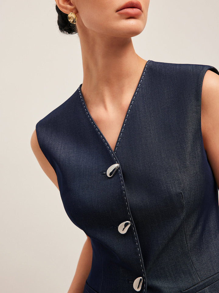 Valantomode | Stylish Tailored Denim Gilet with Unique Contrast Stitching
