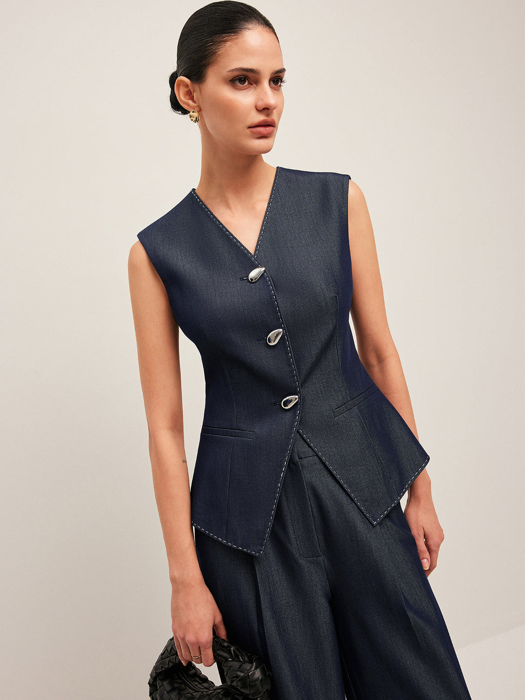 Valantomode | Stylish Tailored Denim Gilet with Unique Contrast Stitching