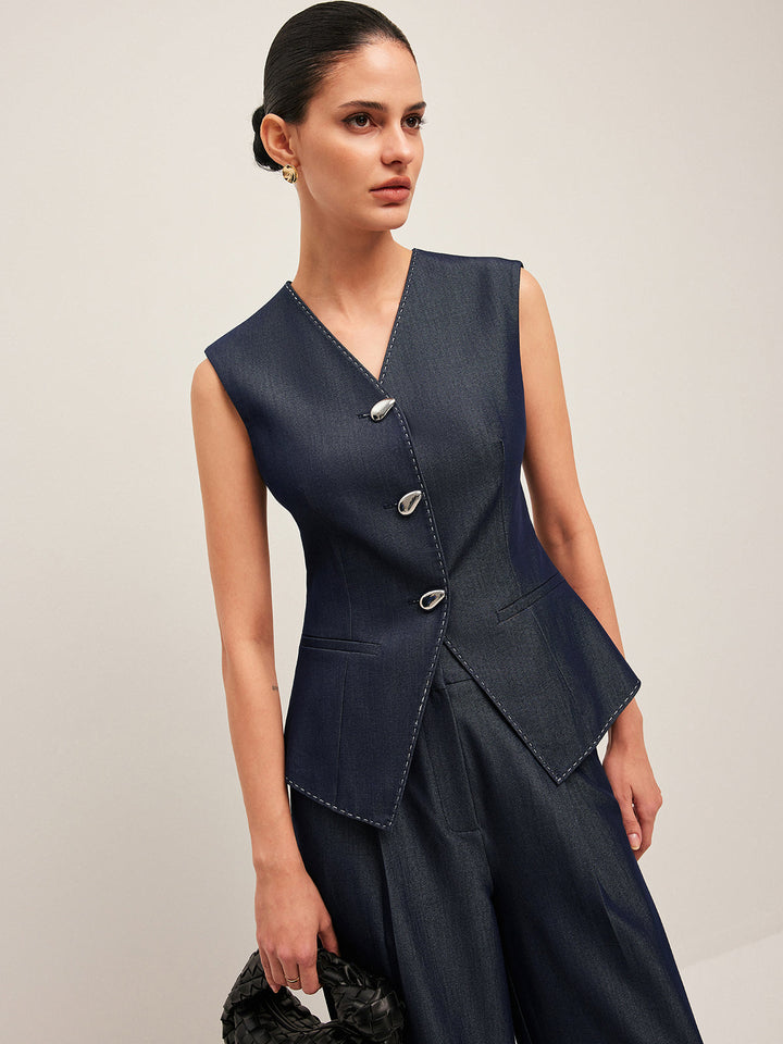 Valantomode | Stylish Tailored Denim Gilet with Unique Contrast Stitching