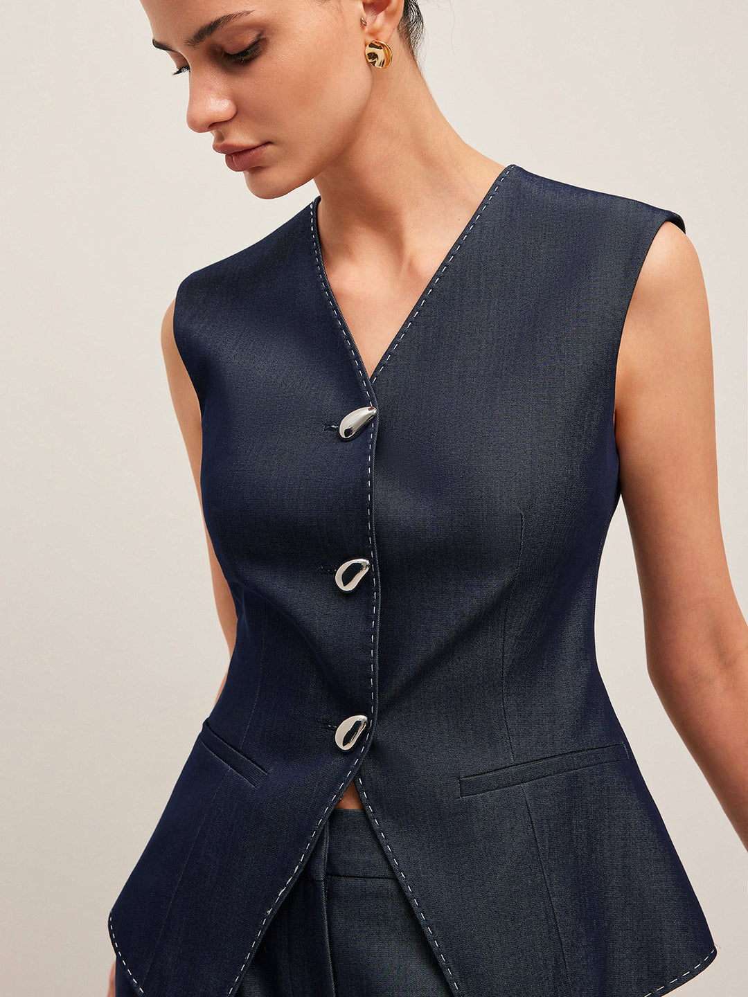 Valantomode | Stylish Tailored Denim Gilet with Unique Contrast Stitching