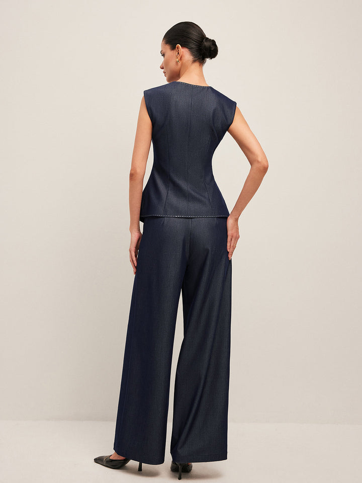 Valantomode | Stylish Tailored Denim Gilet with Unique Contrast Stitching