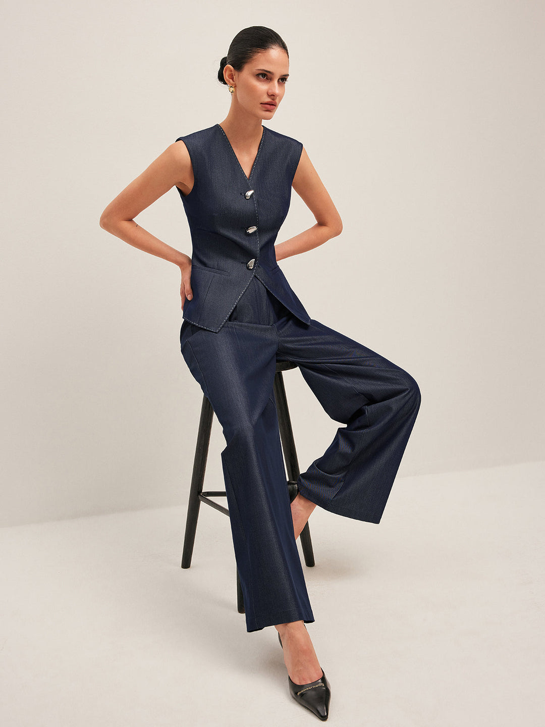 Valantomode | Stylish Tailored Denim Gilet with Unique Contrast Stitching