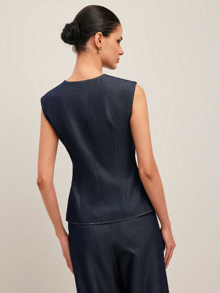 Valantomode | Stylish Tailored Denim Gilet with Unique Contrast Stitching