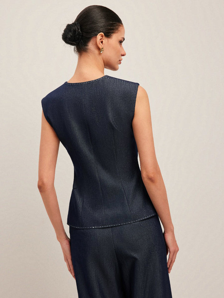 Valantomode | Stylish Tailored Denim Gilet with Unique Contrast Stitching