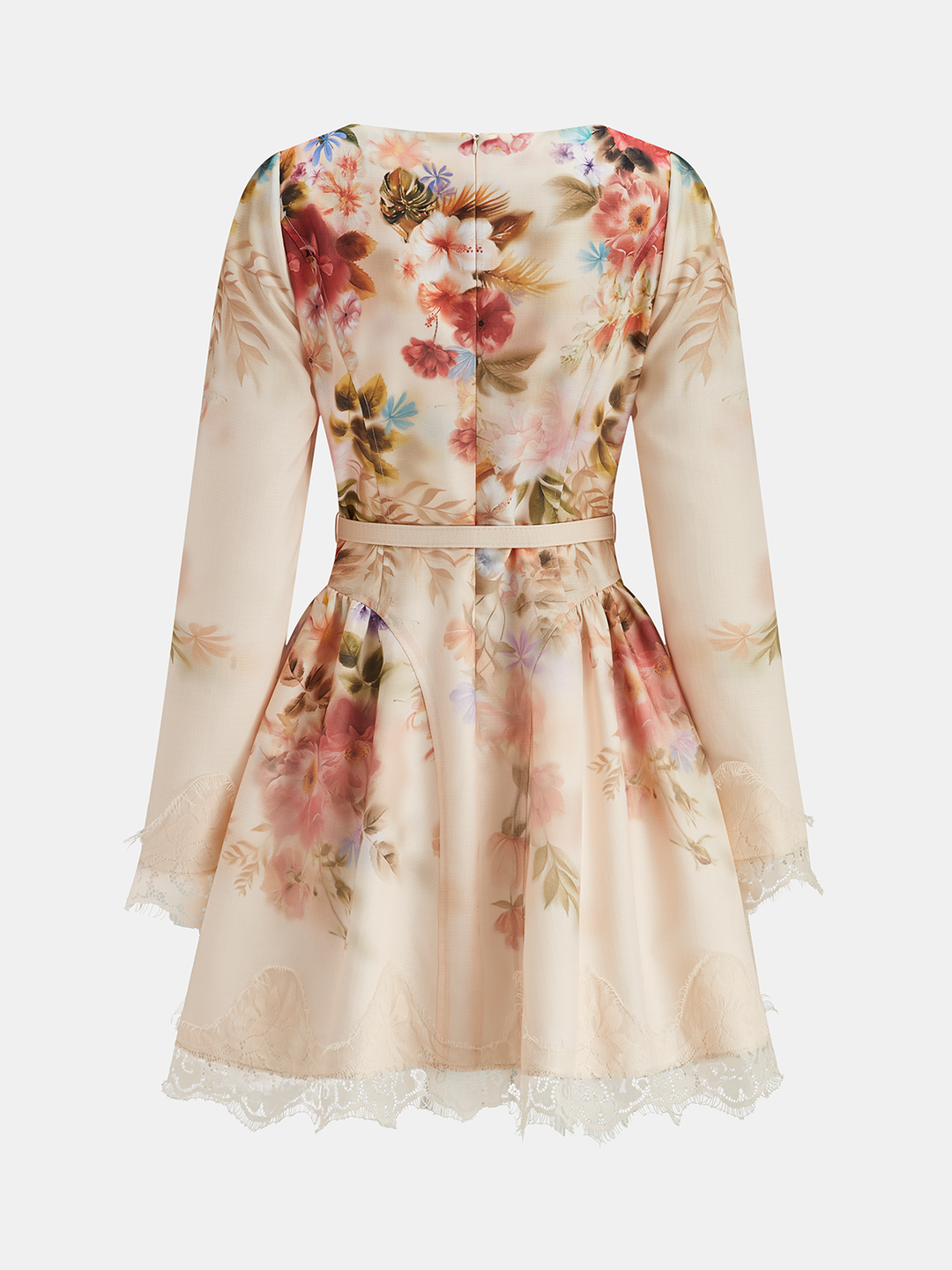Valantomode | Floral Print Mini Dress with Belted Lace Trim