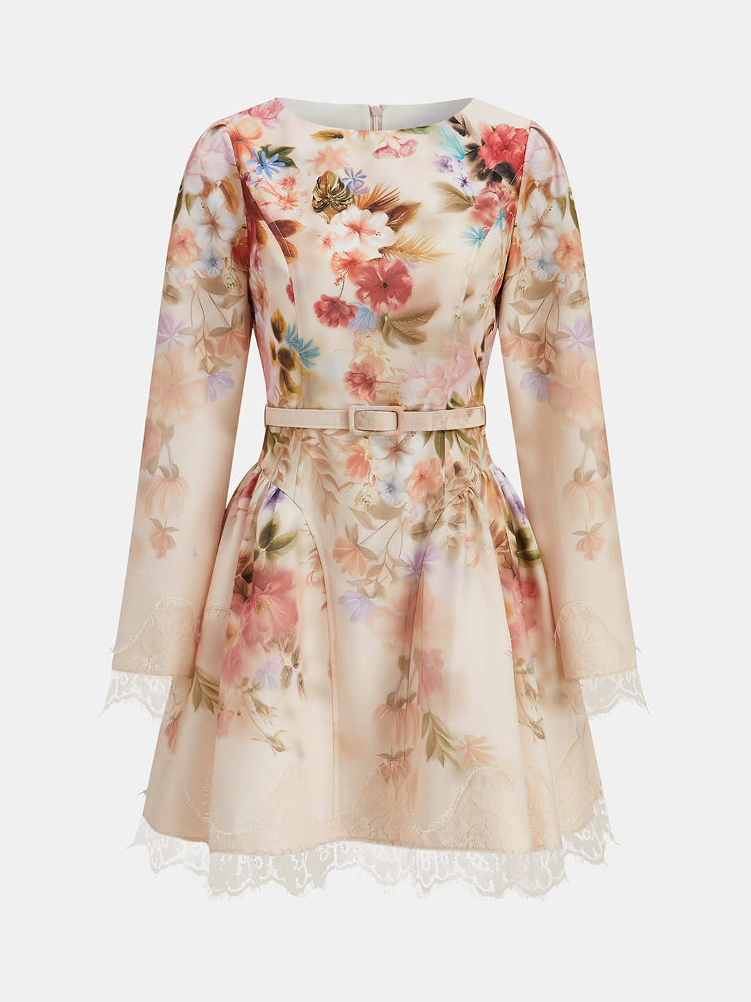 Valantomode | Floral Print Mini Dress with Belted Lace Trim