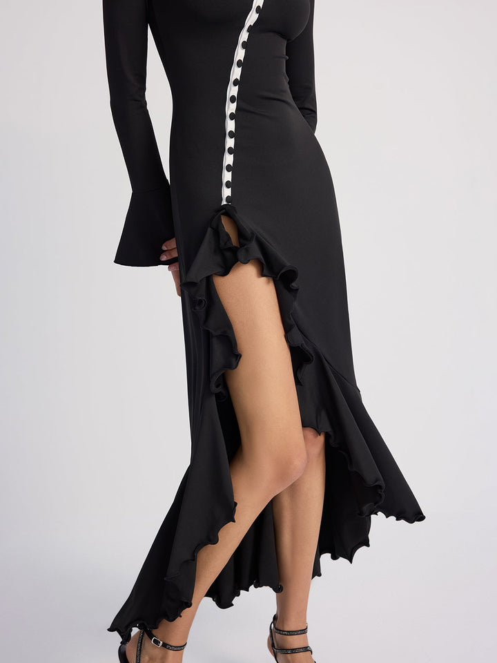 Valantomode | Chic Ruffled Midi Dress with Contrast Trim and Button Front