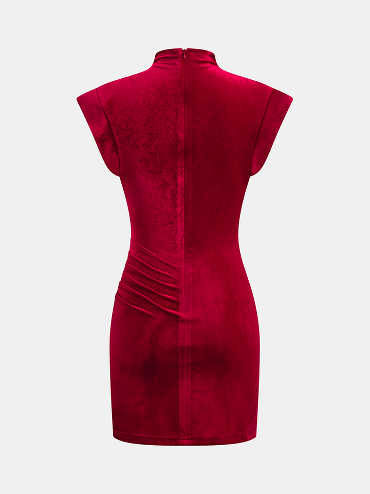 Valantomode | Luxe Velvet Ruched Sleeveless Mock Neck Dress