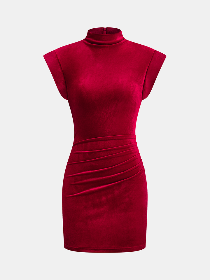 Valantomode | Luxe Velvet Ruched Sleeveless Mock Neck Dress