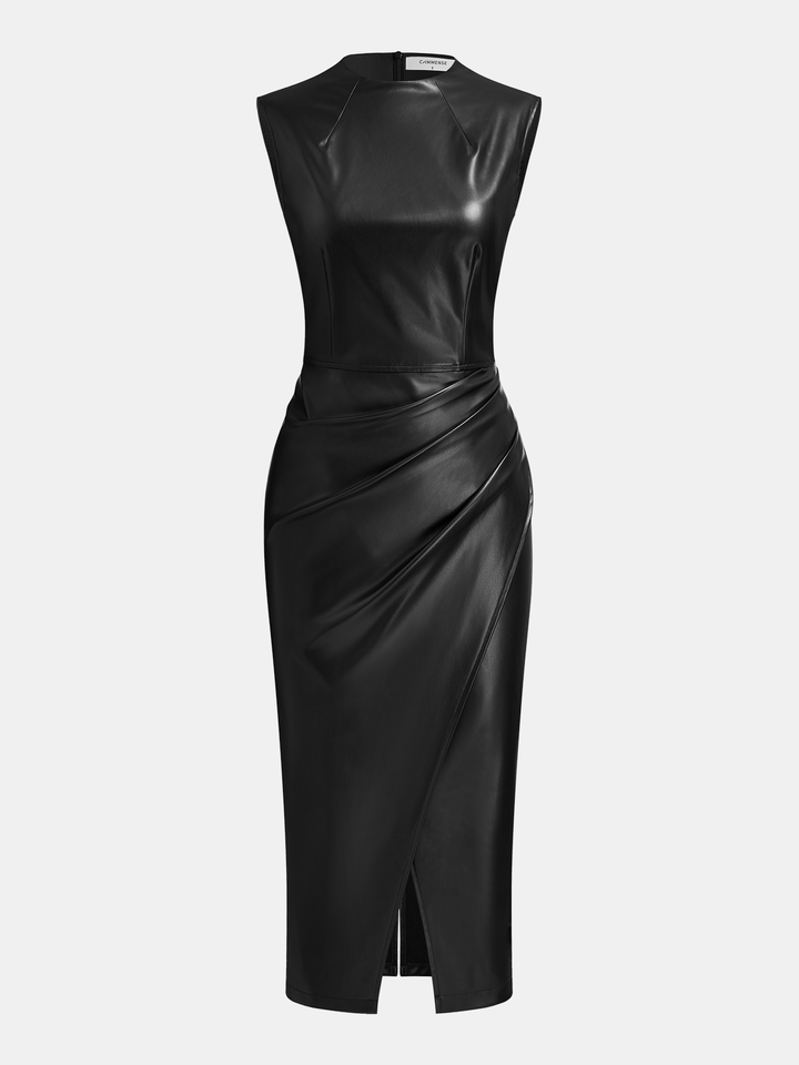 Valantomode | Chic Faux Leather Midi Dress with Side Slit Detail