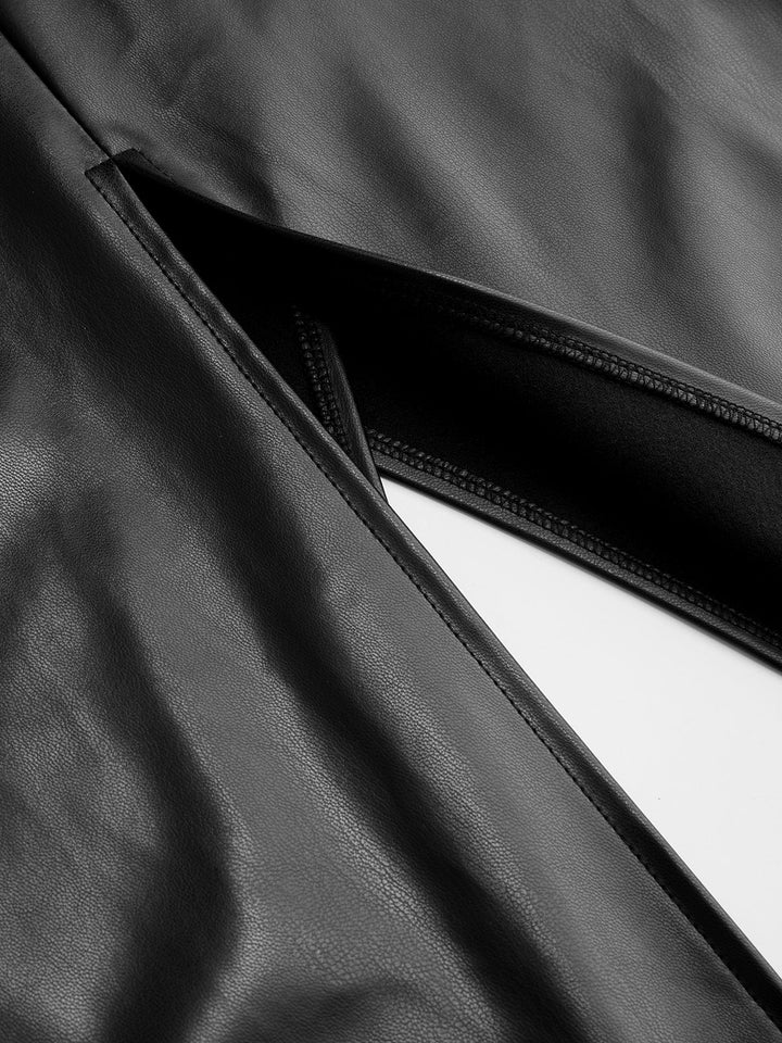 Valantomode | Chic Faux Leather Midi Dress with Side Slit Detail