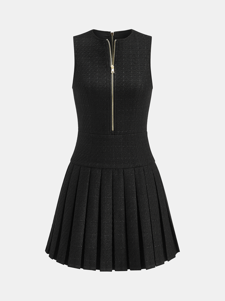 Valantomode | Chic Zip-Front Tweed Mini Dress with Pleated Detail