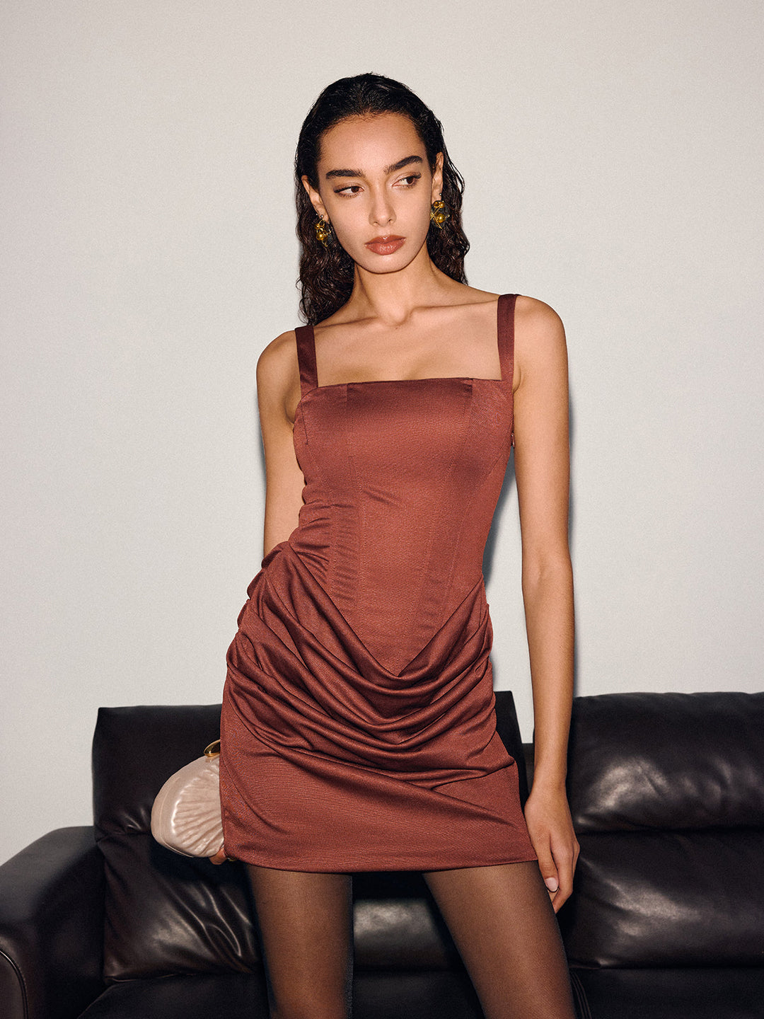 Valantomode | Chic Ruched Corset Mini Dress with Back Lace-Up Detail