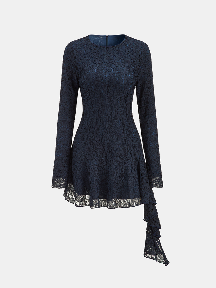 Valantomode | Elegant Asymmetric Lace Ruffled Long-Sleeve Dress