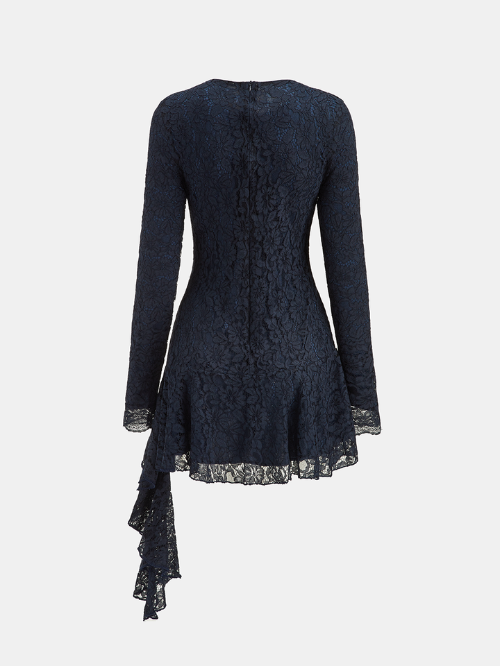 Valantomode | Elegant Asymmetric Lace Ruffled Long-Sleeve Dress