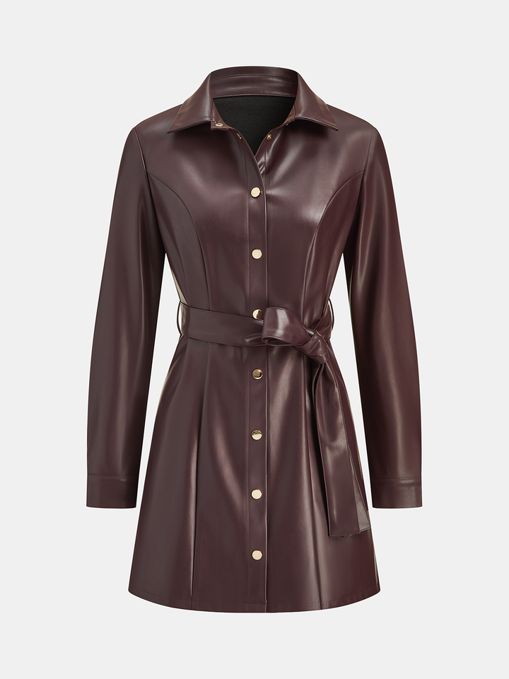 Valantomode | Chic Belted Faux Leather Shirt Dress for Effortless Style