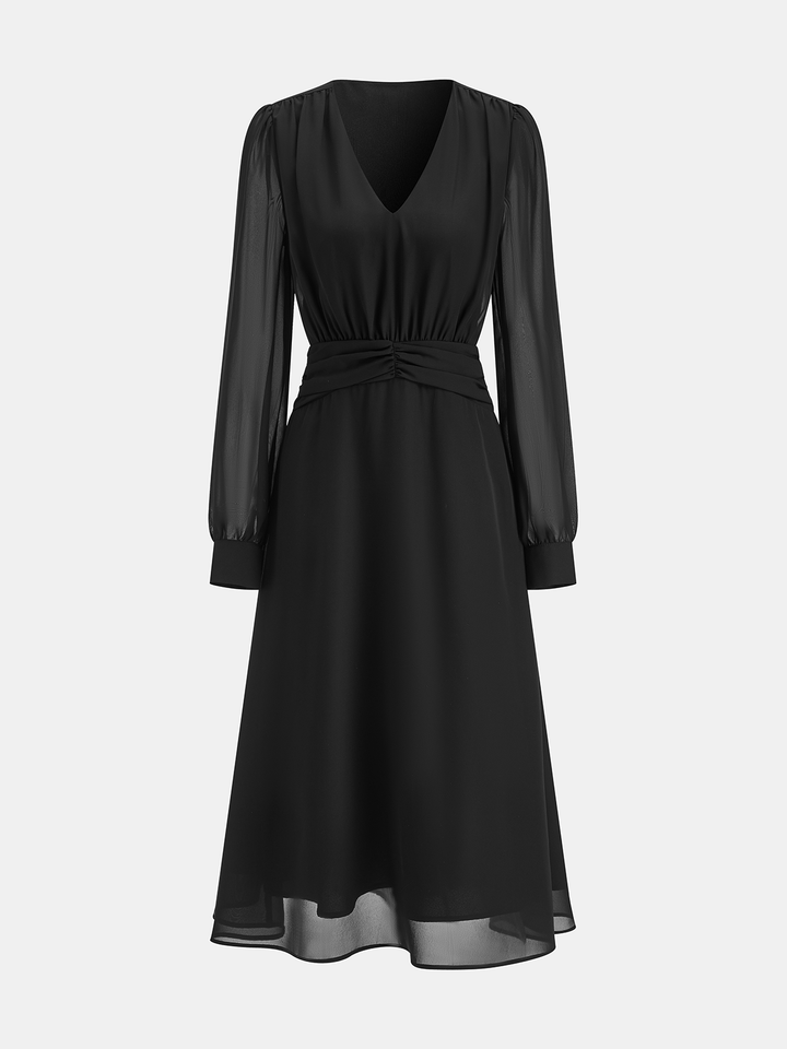 Valantomode | Elegant Ruched V-Neck Chiffon Maxi Dress with Long Sleeves