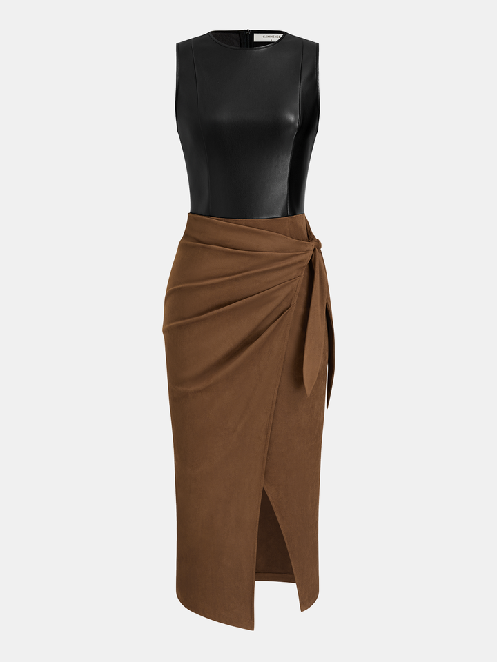 Valantomode | Chic Tie-Waist Slit Dress with Faux Leather Panels