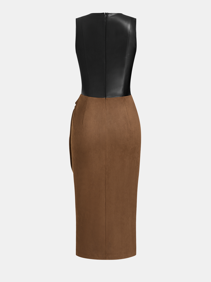 Valantomode | Chic Tie-Waist Slit Dress with Faux Leather Panels