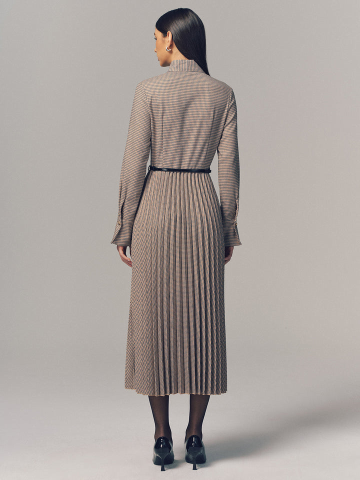 Valantomode | Chic Plaid Maxi Dress with Bow Neck and Belted Style