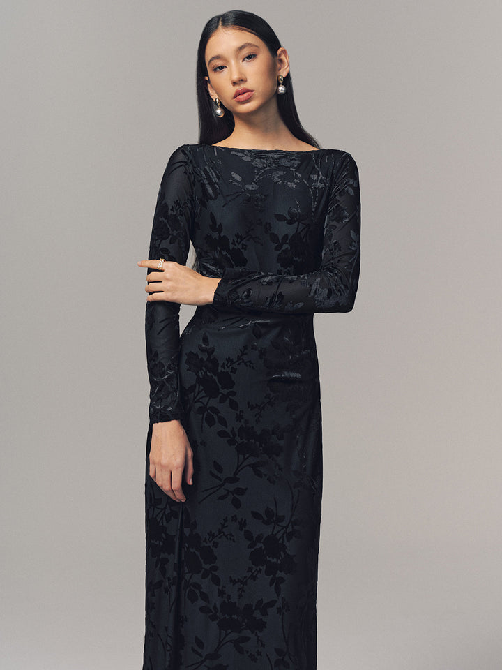 Valantomode | Backless Velvet Floral Maxi Dress with Long Sleeves