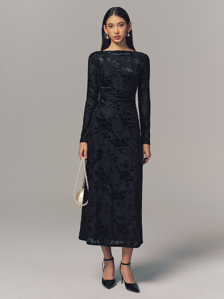 Valantomode | Backless Velvet Floral Maxi Dress with Long Sleeves