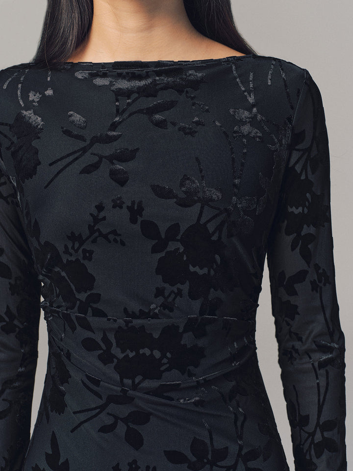 Valantomode | Backless Velvet Floral Maxi Dress with Long Sleeves