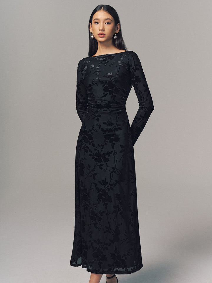 Valantomode | Backless Velvet Floral Maxi Dress with Long Sleeves