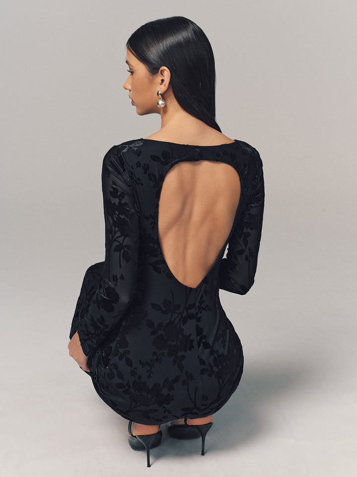Valantomode | Backless Velvet Floral Maxi Dress with Long Sleeves