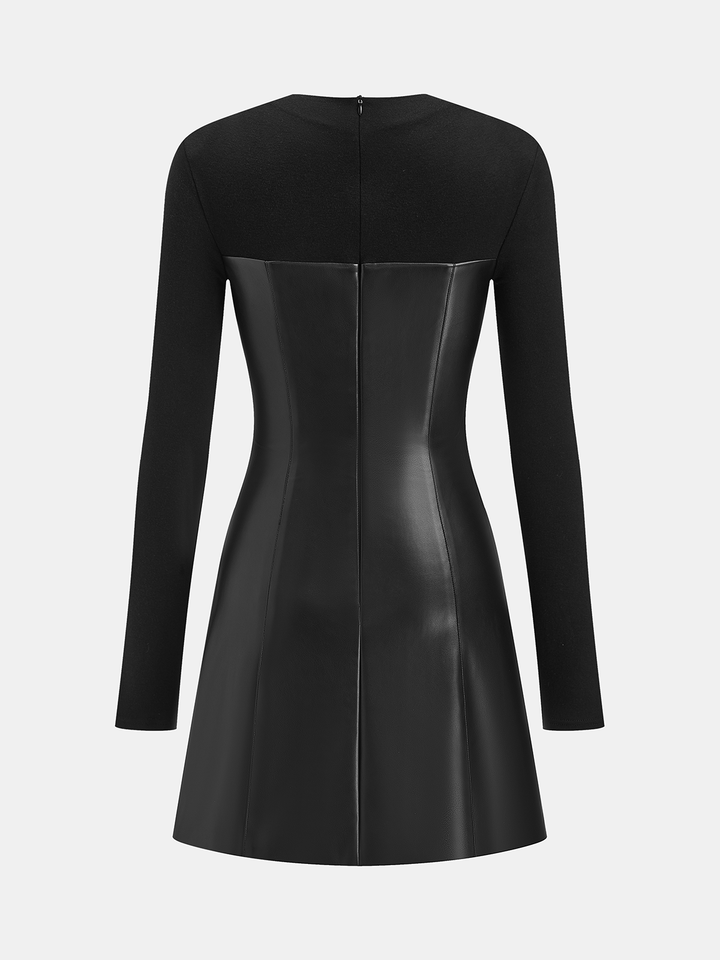 Valantomode | Rhinestone Trim Faux Leather Long Sleeve Mini Dress