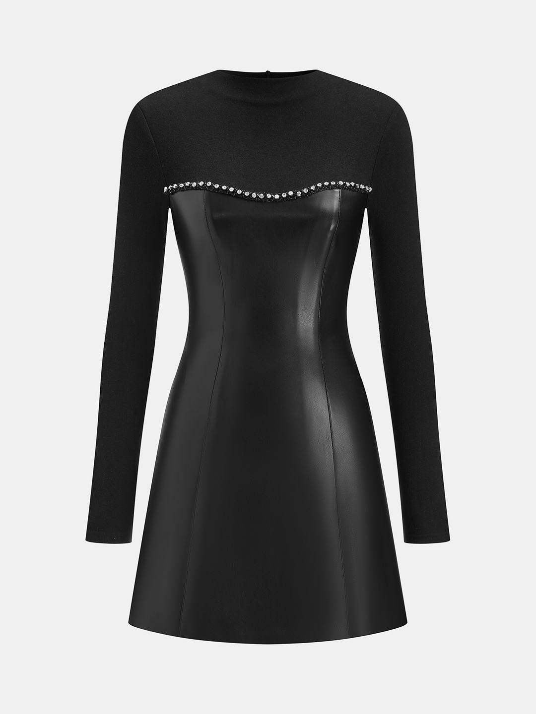 Valantomode | Rhinestone Trim Faux Leather Long Sleeve Mini Dress