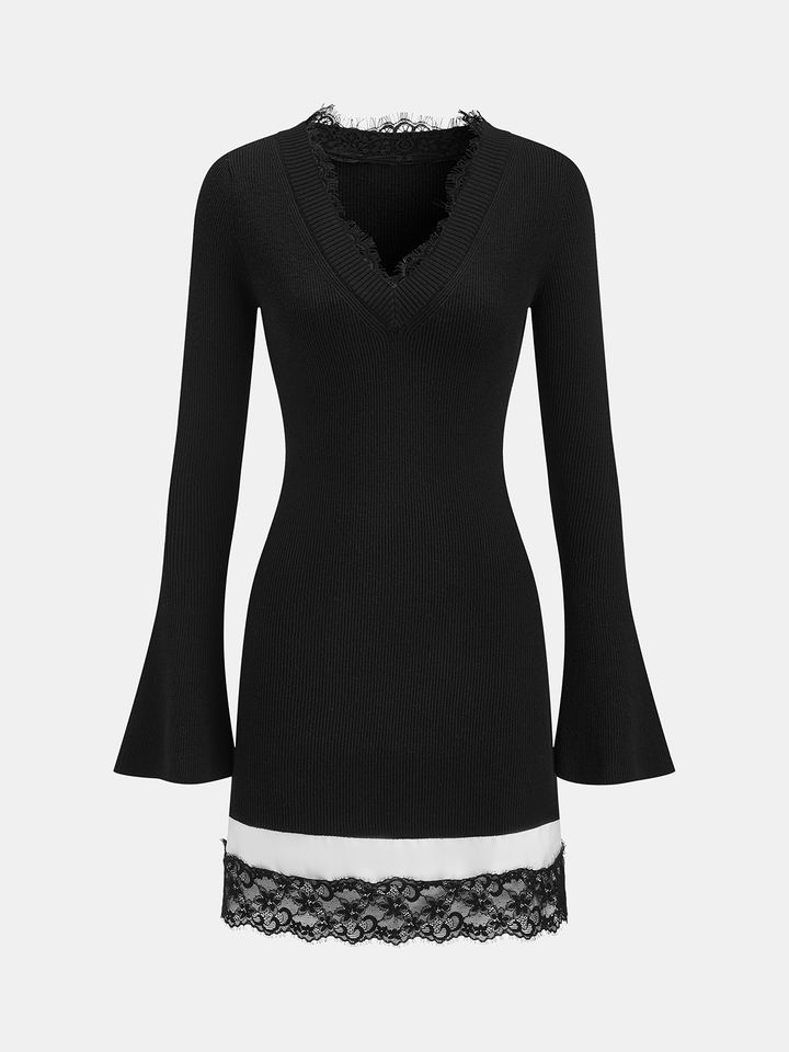 Valantomode | Chic Wool Blend Bell-Sleeve Mini Dress with Lace Trim