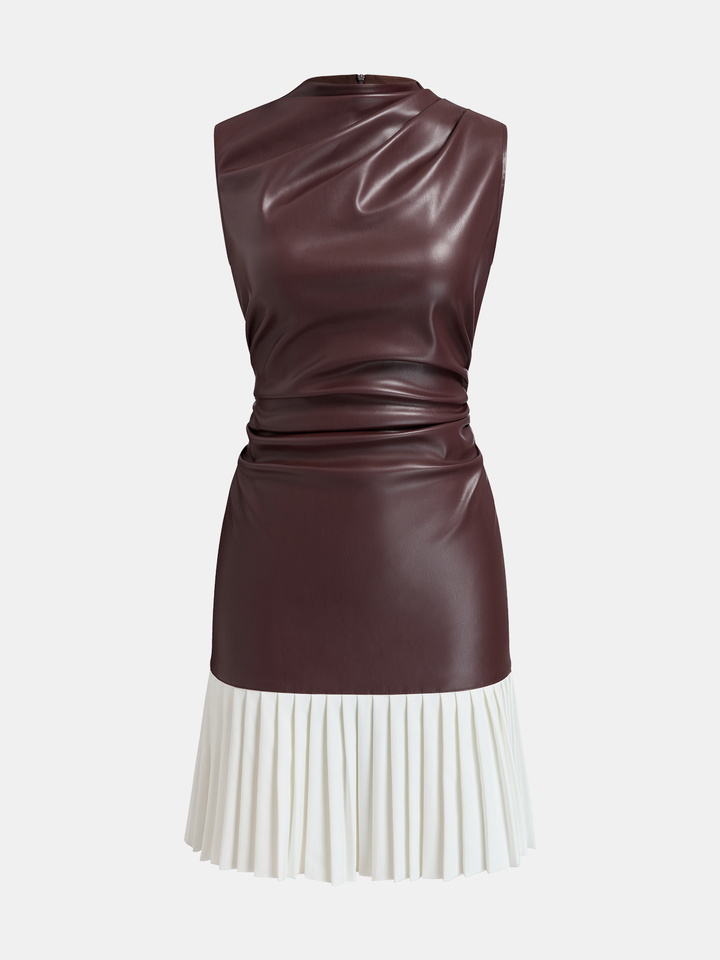 Valantomode | Chic Pleated Faux Leather Mini Dress for Stylish Nights