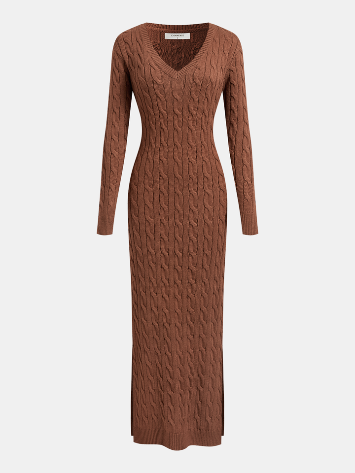 Valantomode | Cozy Cable-Knit V-Neck Maxi Sweater Dress for Effortless Style