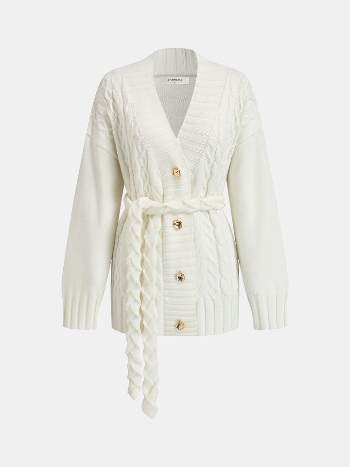 Valantomode | Stylish Belted Cable-Knit Cardigan with Chic Metal Buttons
