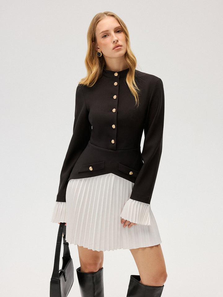 Valantomode | Chic Contrast Pleated Button Mini Dress for Stylish Looks