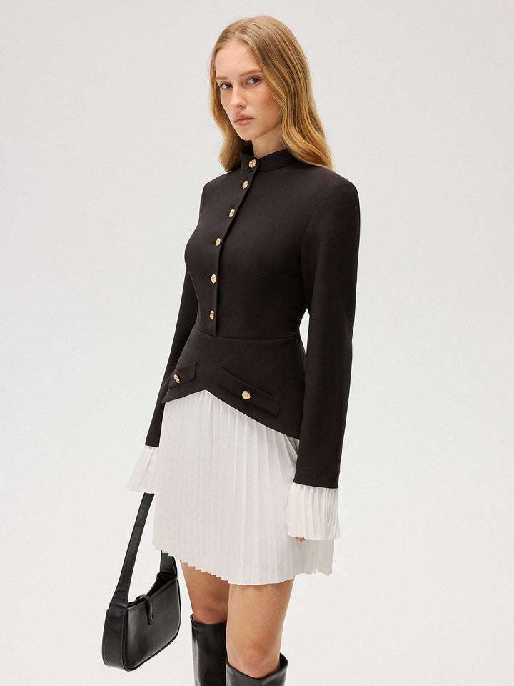 Valantomode | Chic Contrast Pleated Button Mini Dress for Stylish Looks