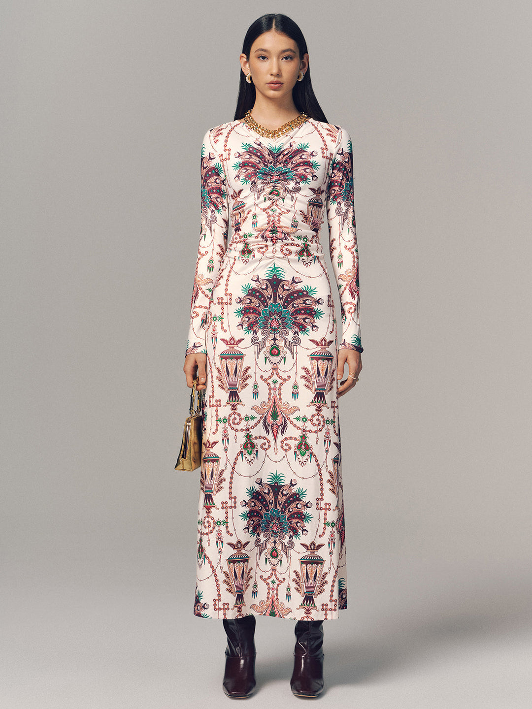 Valantomode | Elegant Ruched Long-Sleeve Maxi Dress with Print